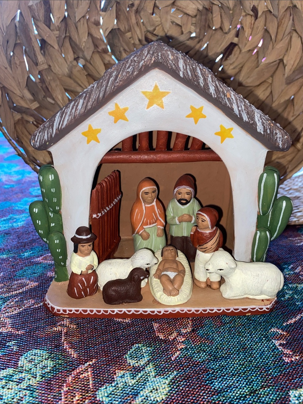 Hand-Painted Clay Nativity Scene - Brown, White & Green